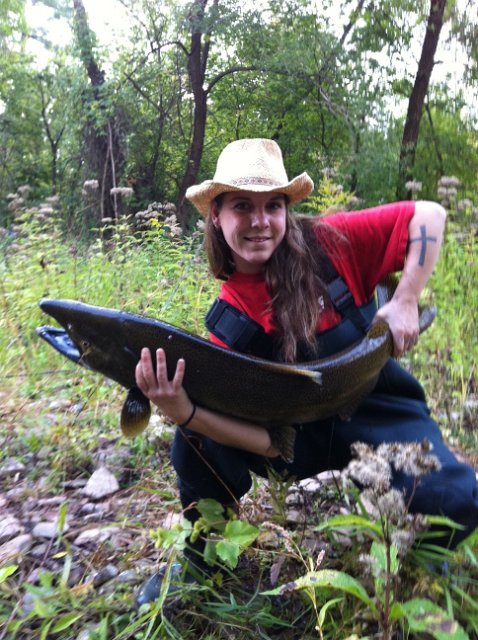 amy_09703471324.JPG - Amy with a Chinook Salmon caught while at Bronte Creek using roe.
